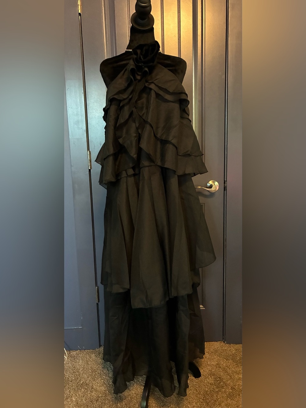 Elegant Black Ruffle Halter Evening Dress
